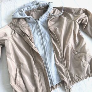 Jou Jou Womens Spring Khaki Windbreaker Jacket Hoodie Sweatshirt Hood Size XS